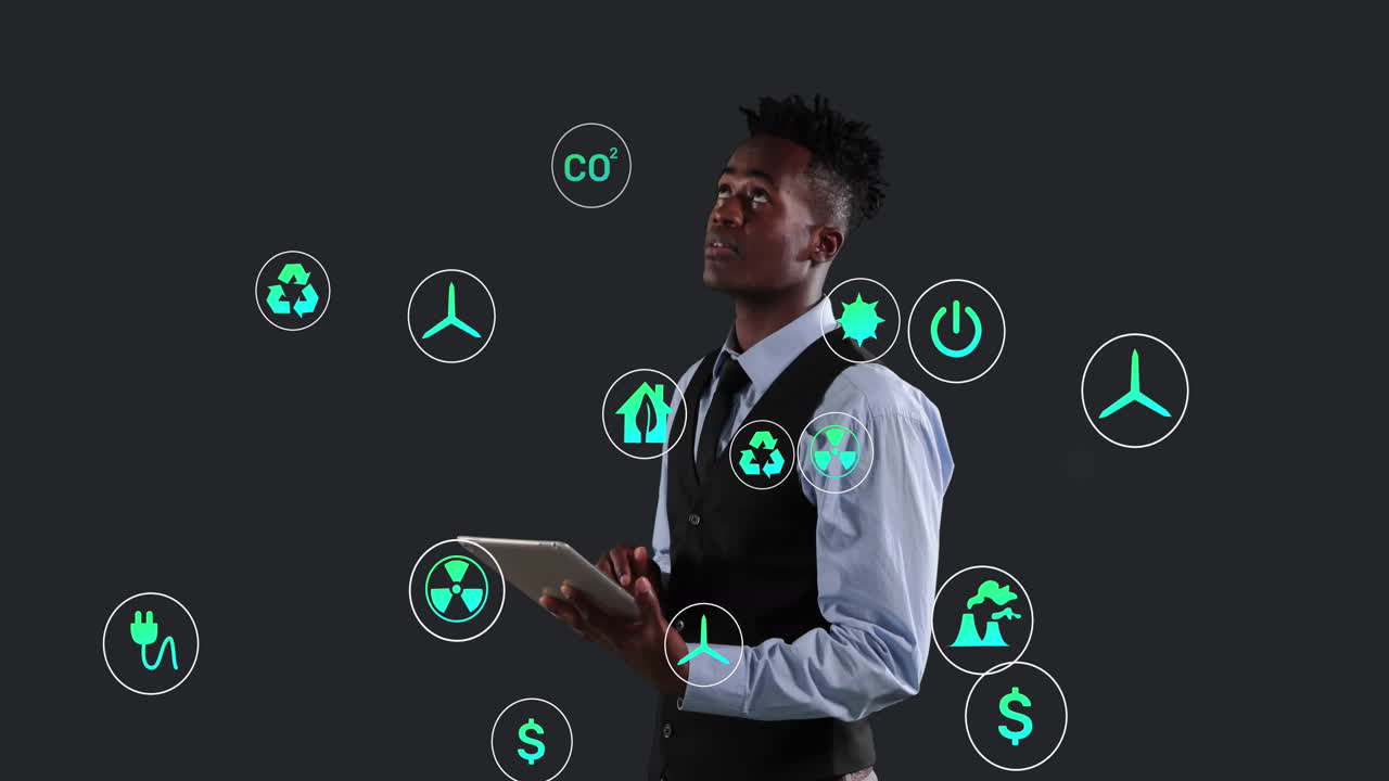 Animation of multiple digital icons over african american businessman using digital tablet