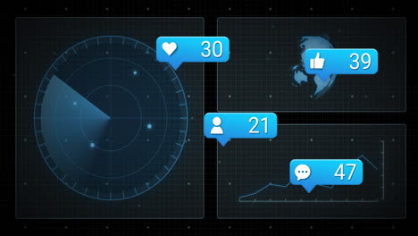 animation of circuit board and social media data processing over dark background