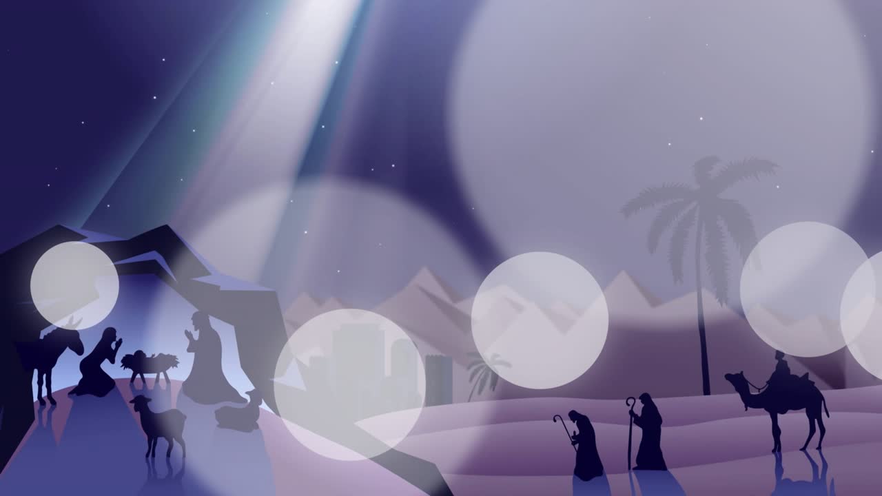 Moon rising over beam lighting manger, orbs drifting across nativity before fading