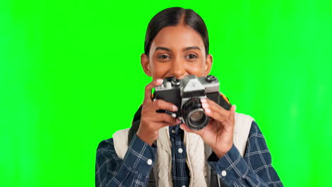 travel, green screen and woman camera in a studio