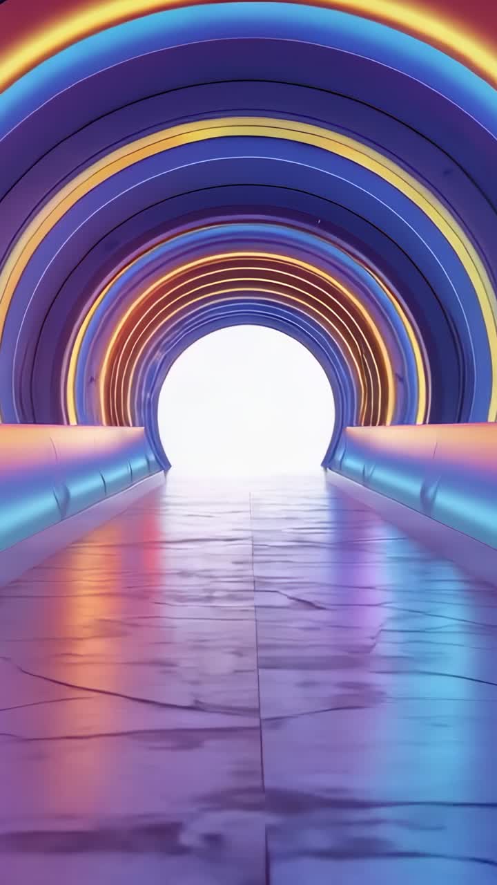 Vertical video: Shifting perspective moving camera through neon-ringed tunnel to exit portal