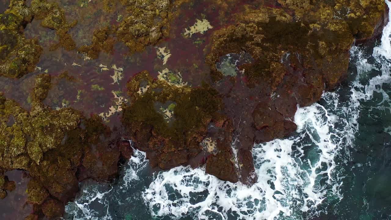 Top Down View Of Foamy Waves Hitting Rocky Coast Of A Bay In Terceira Island, Azores - drone
