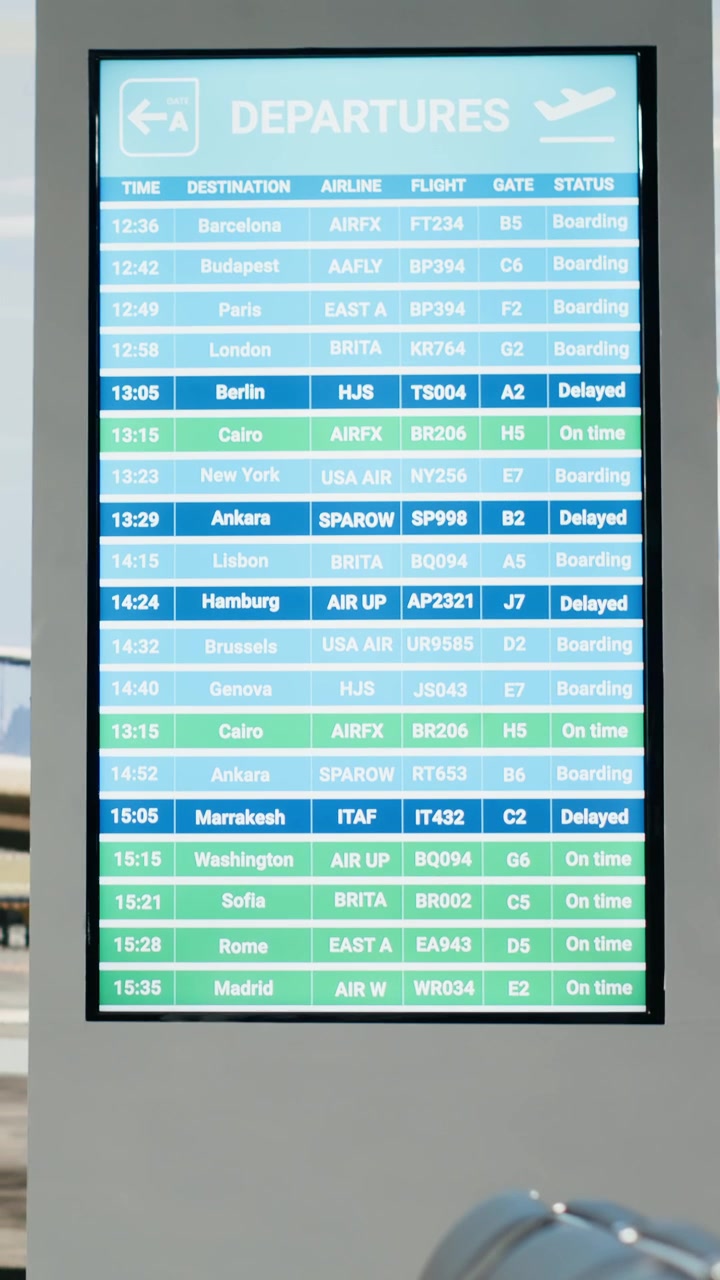 Vertical Video Quiet airport terminal waiting area with no passengers and departures
