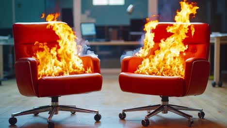 dos sillas rojas con fuego en ellas en una oficina