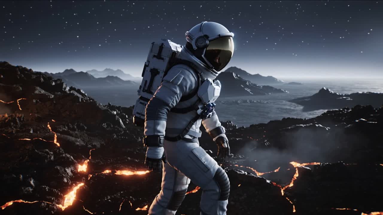 En astronaut i EVA-dragt træder over en lavastrøet slette og scanner glødende sprækker med en rygsæk.