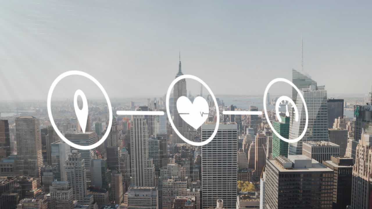 도시 풍경의 공중 전망에 대한 디지털 아이콘 네트워크와 조명 스의 애니메이션