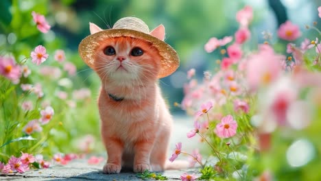 a small orange cat wearing a straw hat sitting in a field of flowers