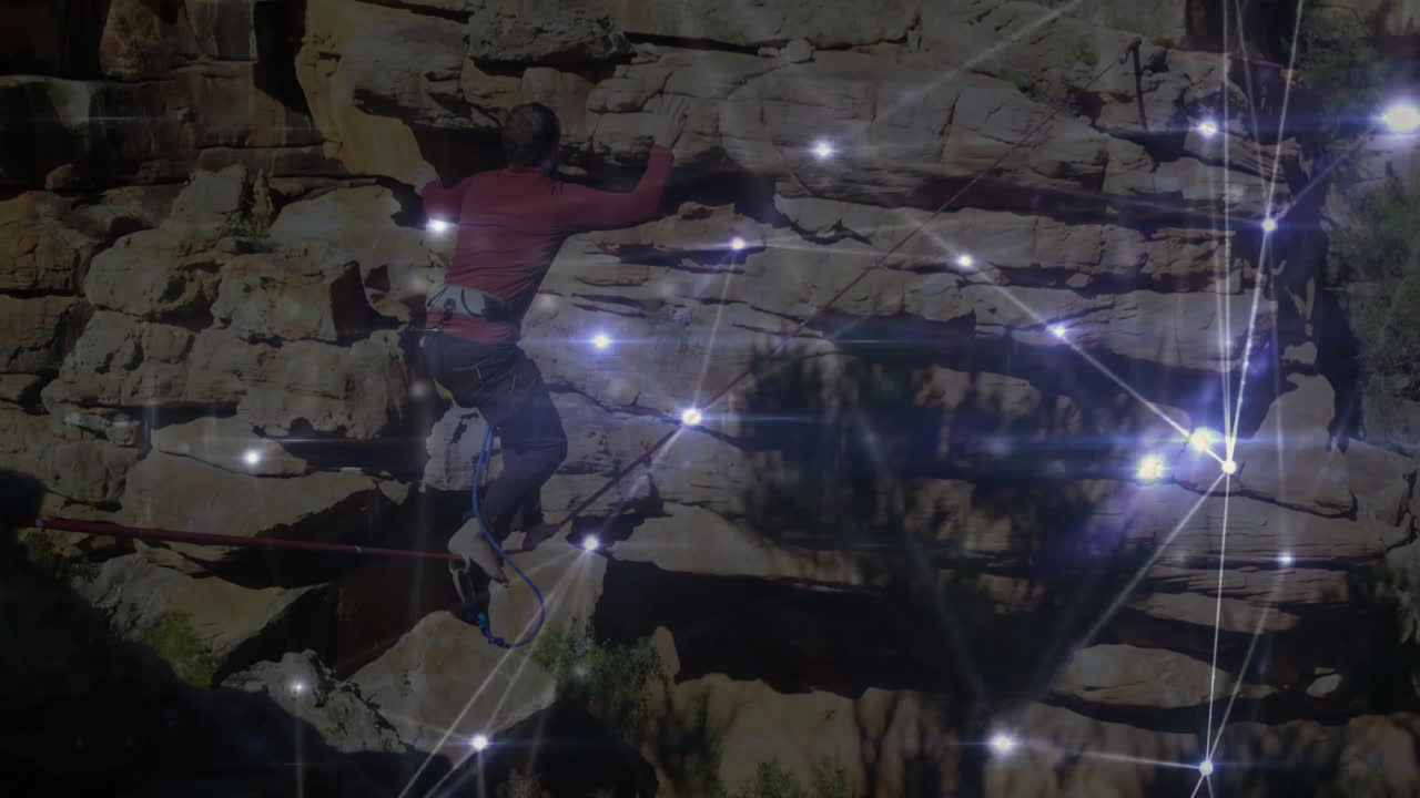 Man balancing on slackline between canyon walls, showing glowing network lines linking technology
