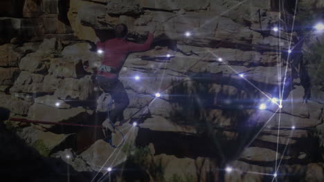man balancing on slackline between canyon walls, showing glowing network lines linking technology