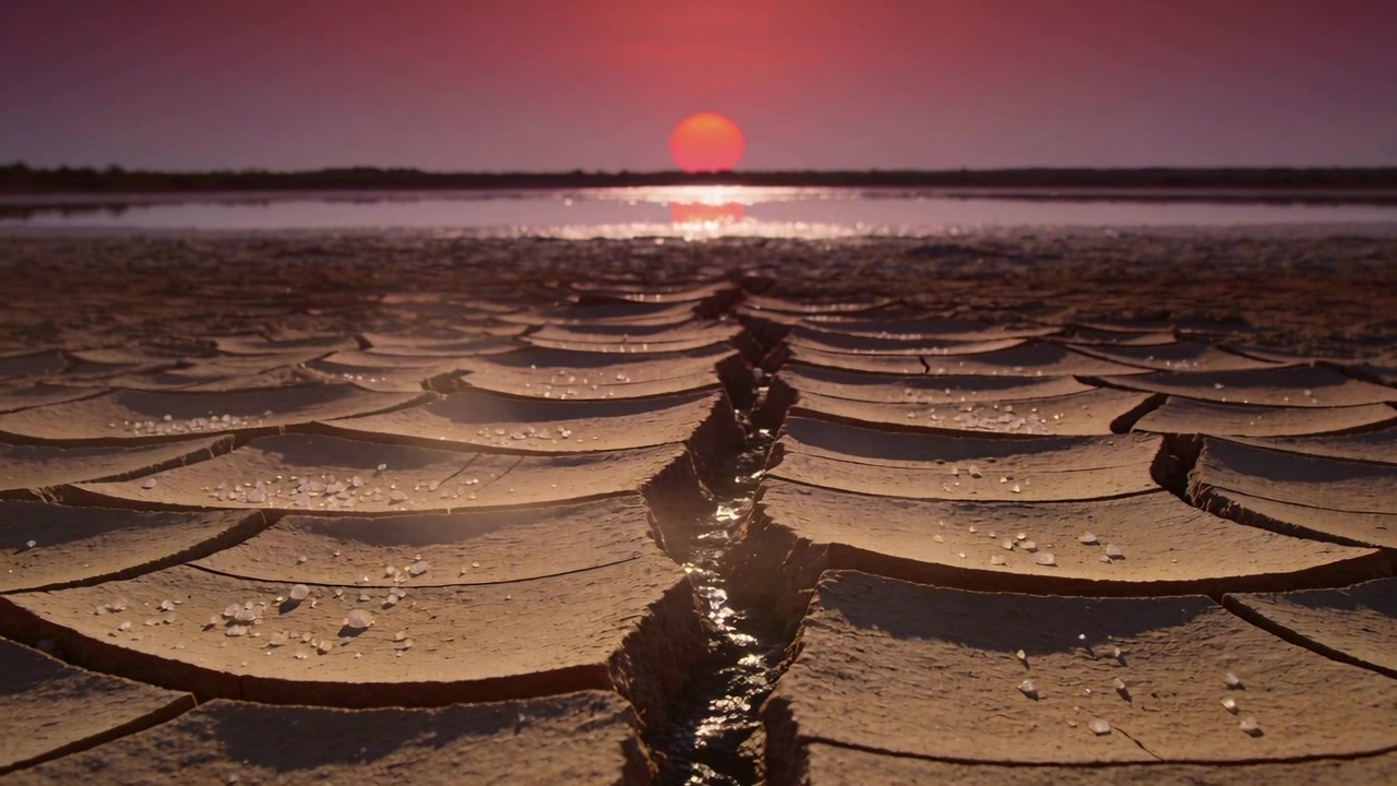Pulling back camera showing cracked salt plates with wet fissure catching sun reflection on horizon