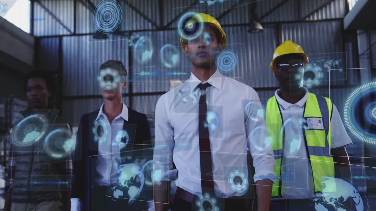 animación del procesamiento de datos con escaneo de alcance sobre diversos trabajadores en el almacén