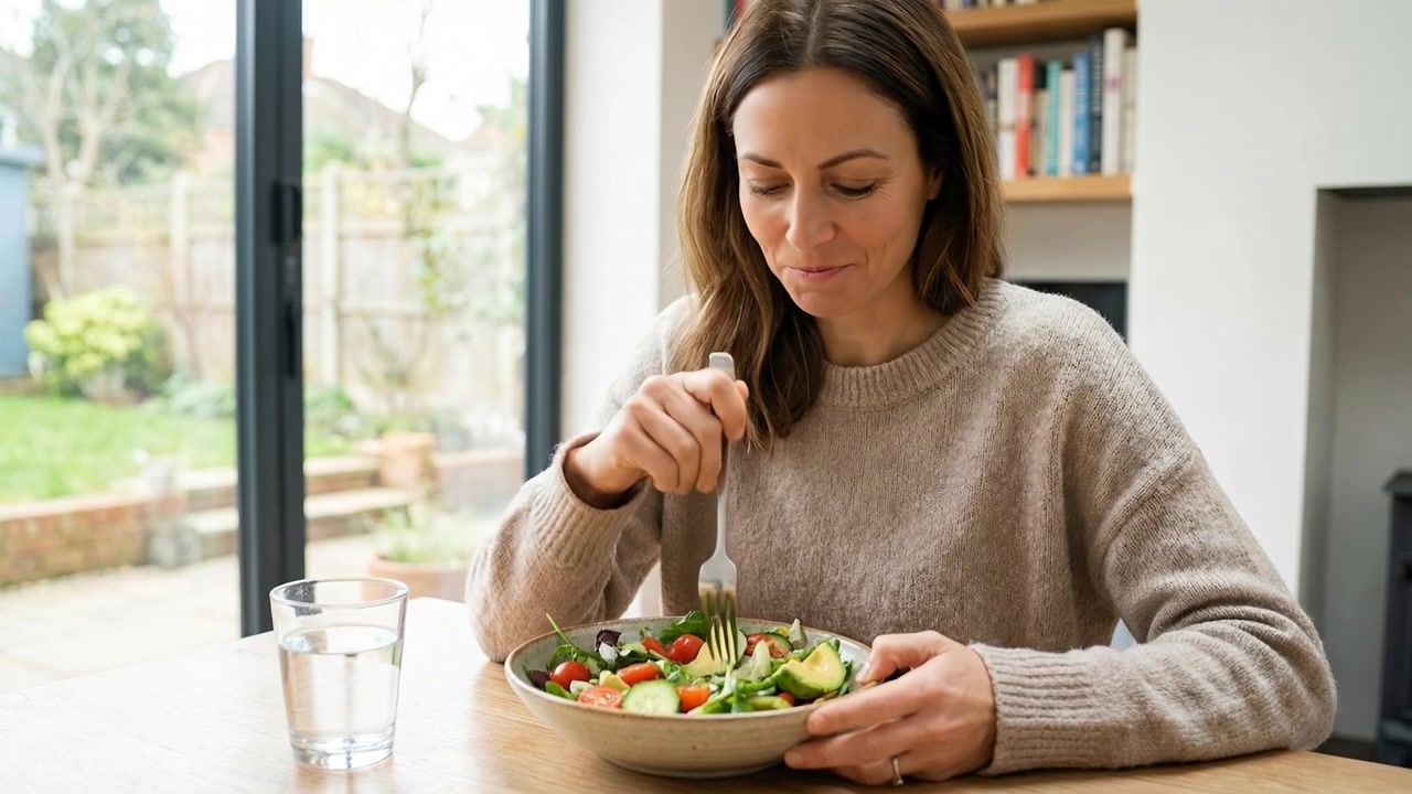Woman enjoying a fresh healthy salad while sitting at a dining table in a bright room