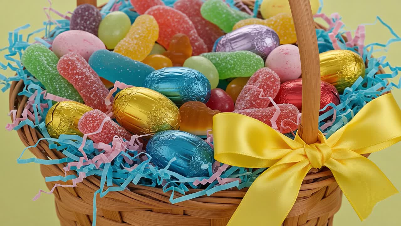 A Colorful Easter Basket Filled with Delightful Candies: A Vibrant Collection of Jelly Beans, Chocolate Eggs, and Chewy Treats Wrapped in Bright Paper and Nestled in Shredded Paper