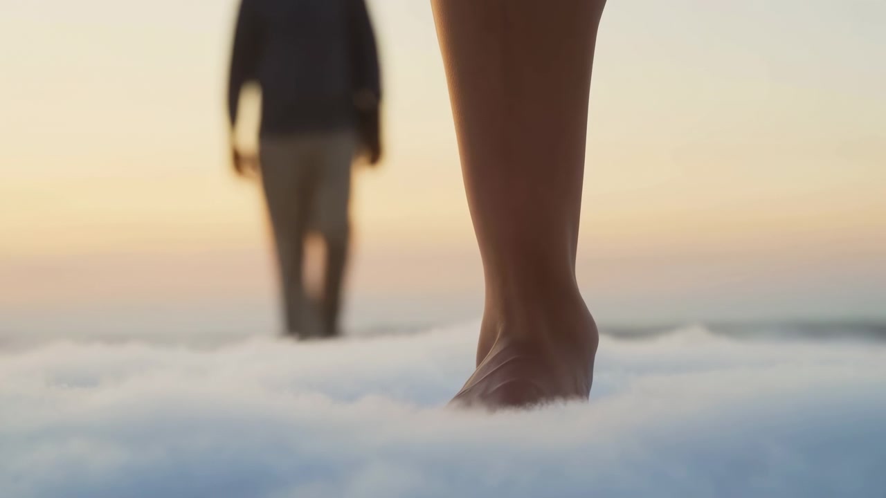 Vista dal basso che mostra un piede nudo e la parte inferiore della gamba che premono su una superficie soffice simile a una nuvola, con una figura in piedi sfocata in lontananza, luce soffusa dell'alba, messa a fuoco ridotta e un'atmosfera calma e surreale.