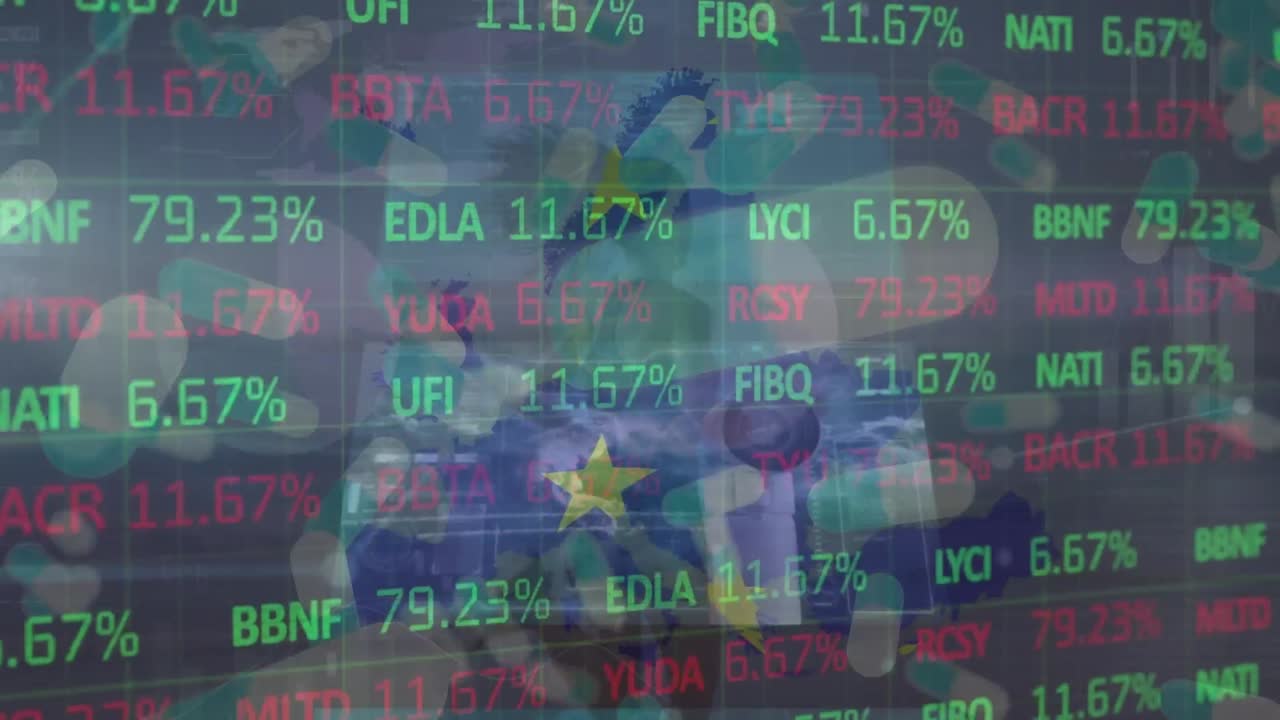 유럽의 배경과 지도에서 움직이는 화면에서 다양한 데이터에 대한 금융 데이터의 애니메이션