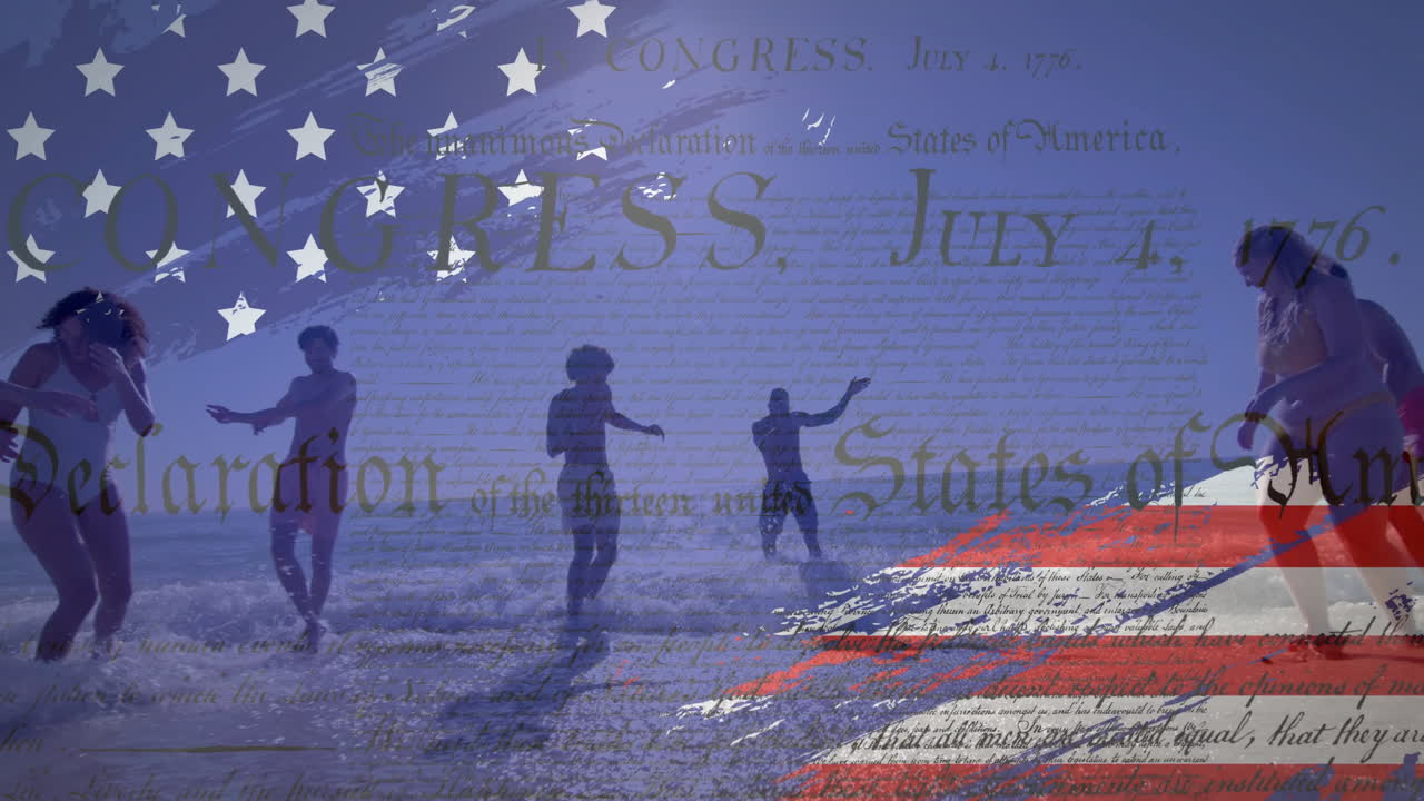 animación de la bandera de los ee.uu. sobre amigos diversos felices en la playa en verano