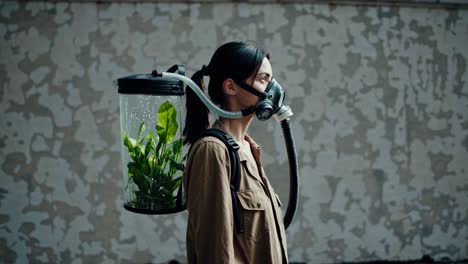 woman with a plant backpack and gas mask