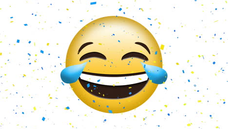 digital animation of confetti falling over laughing face emoji on white background