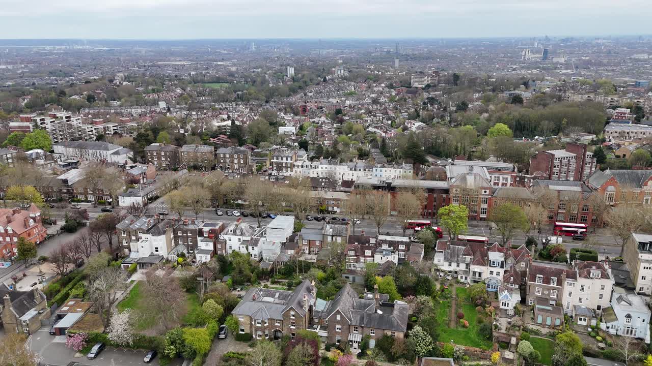 Streets and roads Highgate North London UK Panning drone aerial