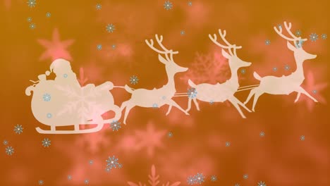 Animation-of-santa-claus-in-sleigh-with-reindeer-moving-over-falling-snow