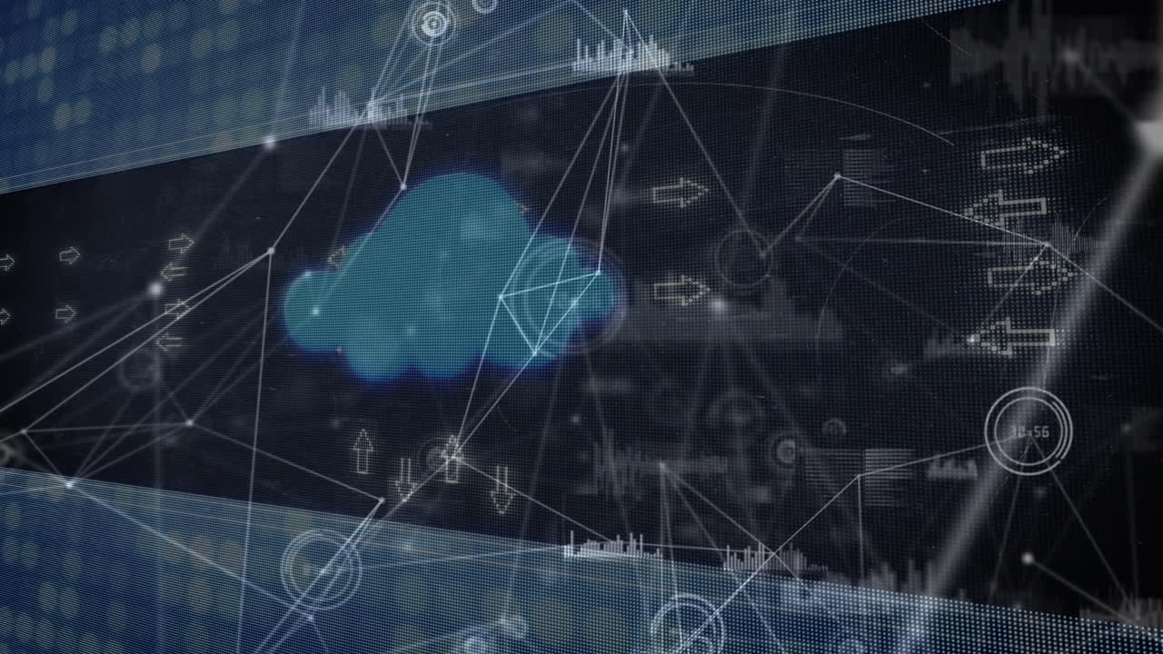 animación de la red de conexiones con procesamiento de datos sobre formas sobre fondo negro.