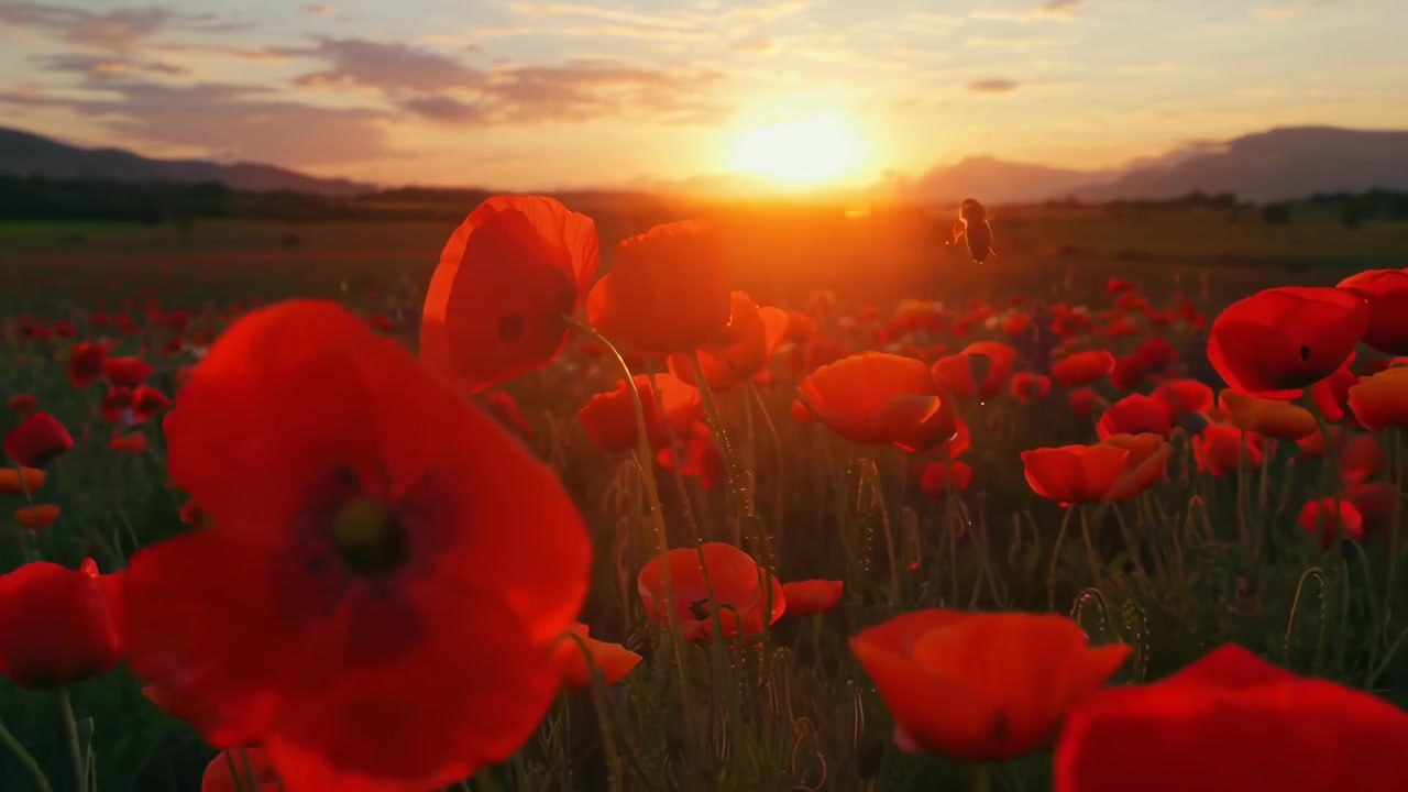 Il vivace campo di papavero al tramonto