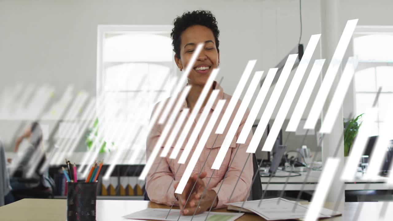 Woman host speaking, gesturing at desk, diagonal overlay sweeping partly hiding while marketing