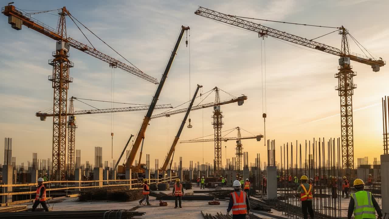Construction Site with Multiple Cranes at Sunset