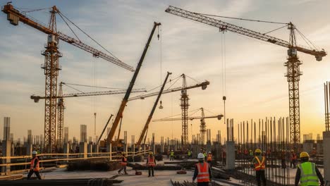 construction site with multiple cranes at sunset