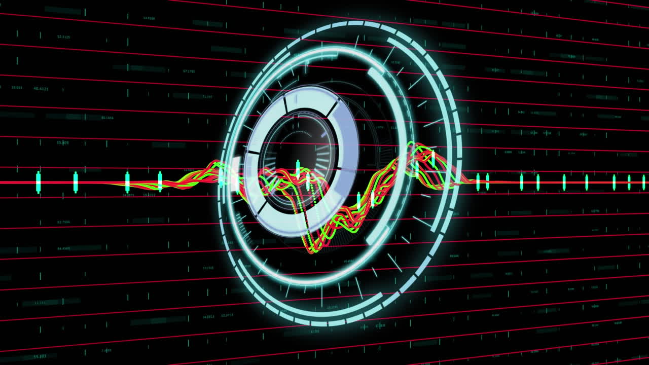 Animation of rotating safe lock with data processing on colourful line graph, on black background