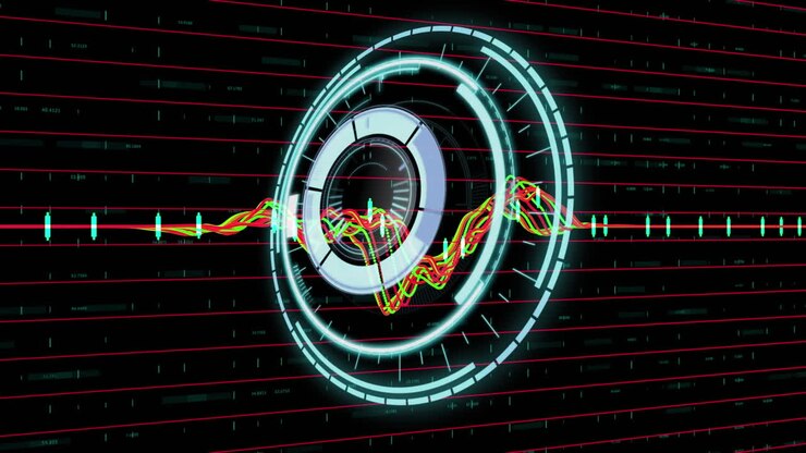 Animation af en roterende pengeskabslås med databehandling på en farverig linjegraf, på sort baggrund
