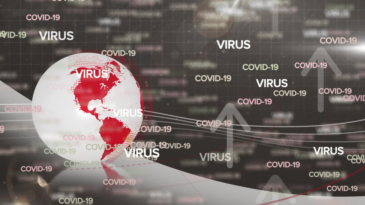 검은색 배경에 코비드 글, 지구와 화살표의 애니메이션