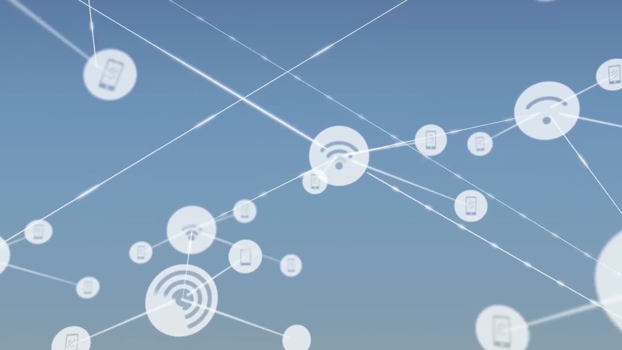 animación de iconos de wifi y teléfono que se conectan con líneas contra un fondo azul