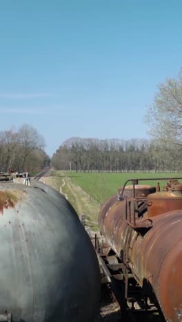 vagones cisterna de tren oxidados en vías rurales