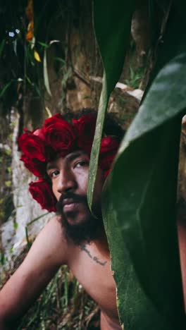 man with rose crown in nature