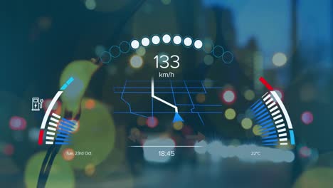 Animation-of-electric-car-speedometer-data-processing-over-city