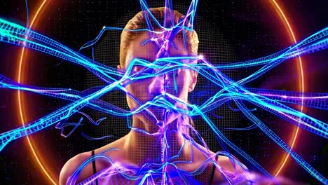 glowing blue and purple lines connect to a woman's face and body, creating a futuristic visualization of digital connection or a cybernetic interface