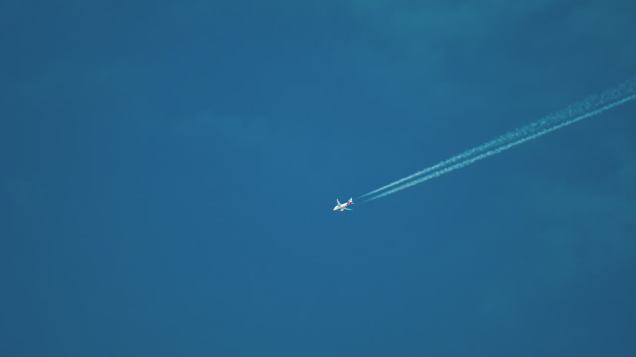 Distant view of a white plane flying in the blue sky