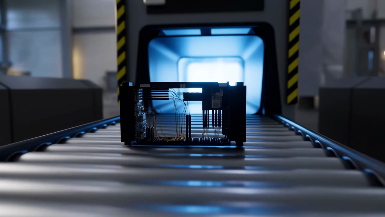 Compact dark module advances steadily along silver rollers toward a glowing blue tunnel, with shallow depth of field, reflective metal surfaces, and yellow safety markings visible.