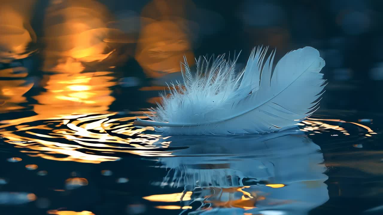 A feather is floating on the surface of a body of water. The water is calm and the feather is the only thing visible. The image has a serene and peaceful mood