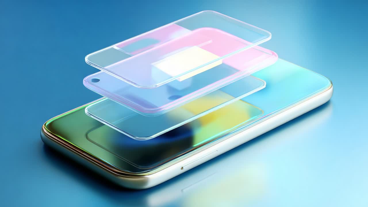 A vibrant display of layered translucent smartphone designs showcasing the innovative and sleek aesthetics of modern technology, illustrating a creative approach to mobile devices and their visual appeal