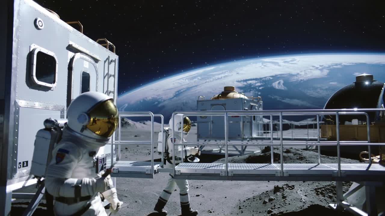 Porta dell'habitat che si apre, astronauta in tuta che scende sulla Luna, che fissa il cavo di sicurezza alla ringhiera, spazio per il testo