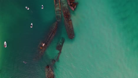 aerial view: moreton island tangalooma shipwrecks, australia, top down