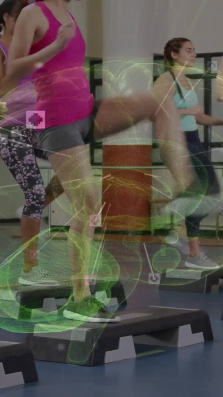 Stepping exercisers following music beat, syncing high-knee steps on gym steps, pink top, green HUD