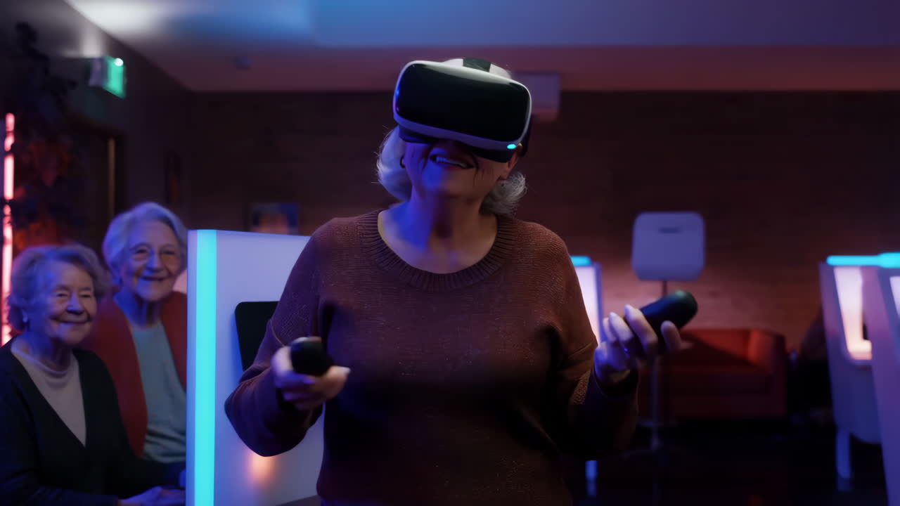An elderly woman enjoying a virtual reality gaming experience