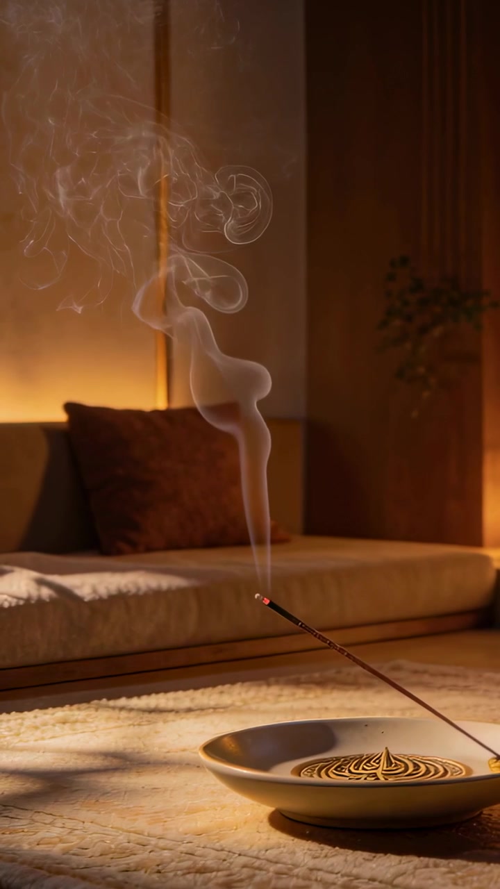 Vidéo verticale : Braise incandescente sur un bâton d'encens, envoyant des volutes de fumée à la maison pour le calme, avec une lanterne.
