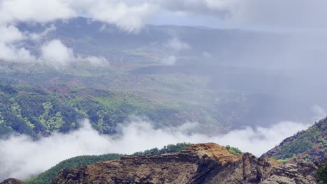 Filmische-Aufnahme-Mit-Langer-Linse,-Schwenkaufnahme-Des-Farbenfrohen-Waimea-Canyons-Mit-Etwas-Wolkendecke-Auf-Der-Insel-Kaua&#39;i-In-Hawaii