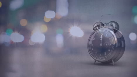 animation of alarm clock ticking over out of focus city lights
