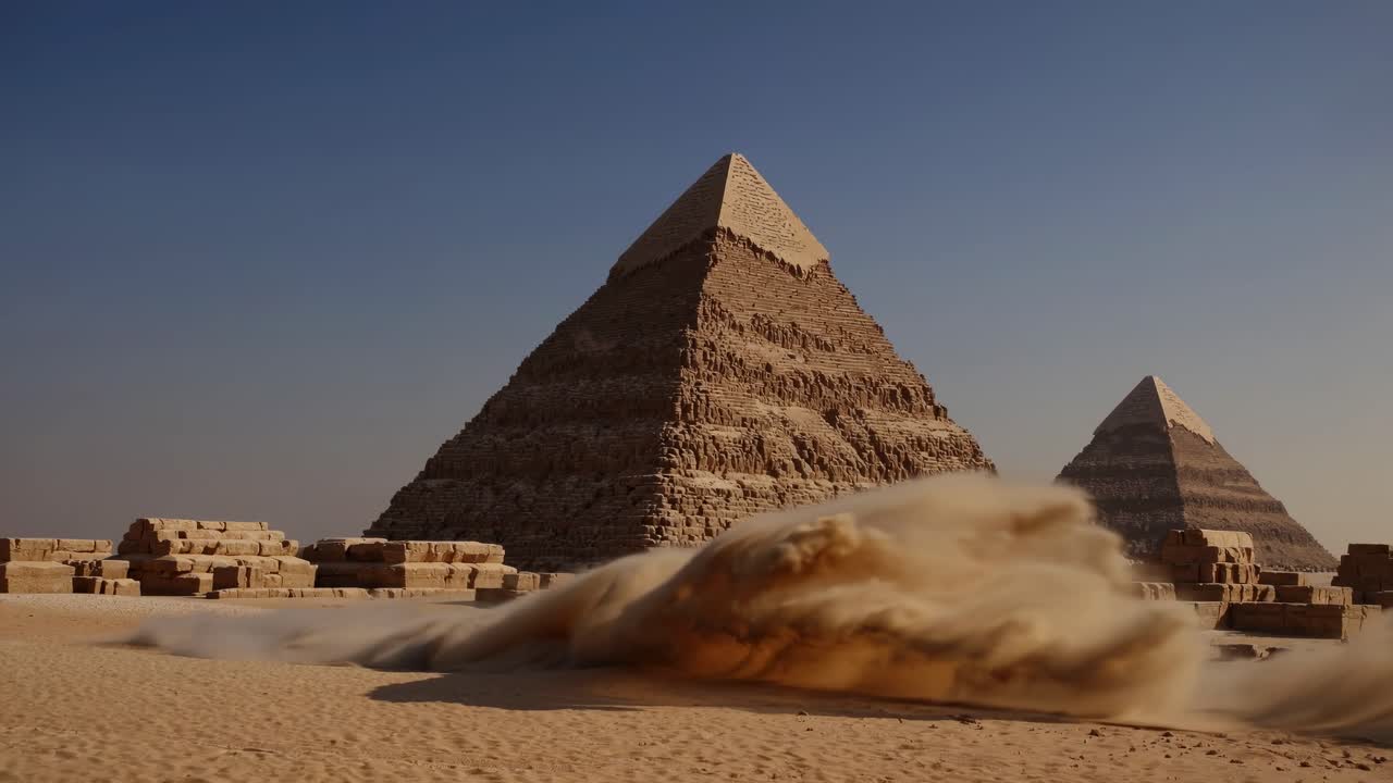 Širokoúhlý video záběr pyramid v Gíze pod jasně modrou oblohou, zachycující rozlehlou poušť.
