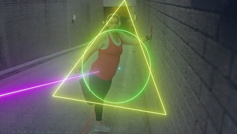 animation of neon shapes over plus size caucasian woman exercising in city